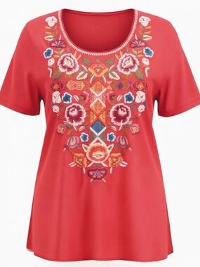 Johnny Was Anaya Embroidered Front Tee - Coral/Pink